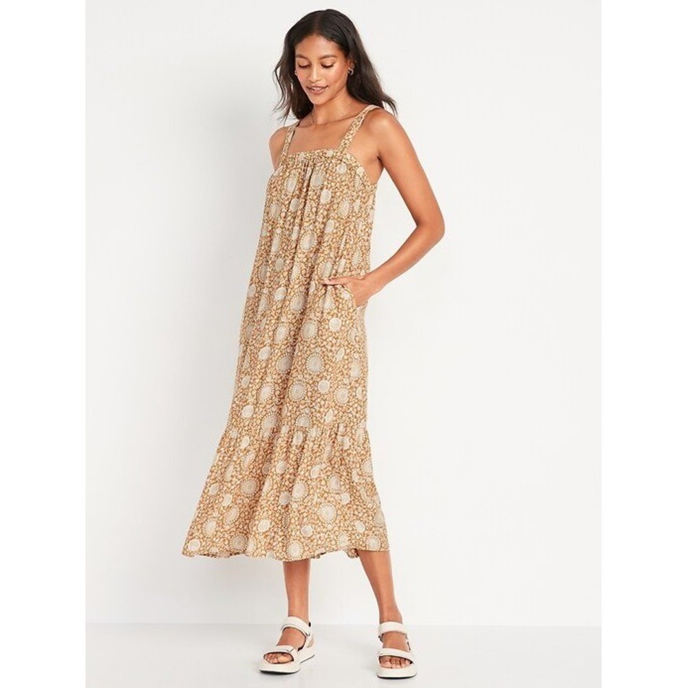 Old Navy Floral Tiered Tie-Back Maxi Dress Golden Brown Size S Tall